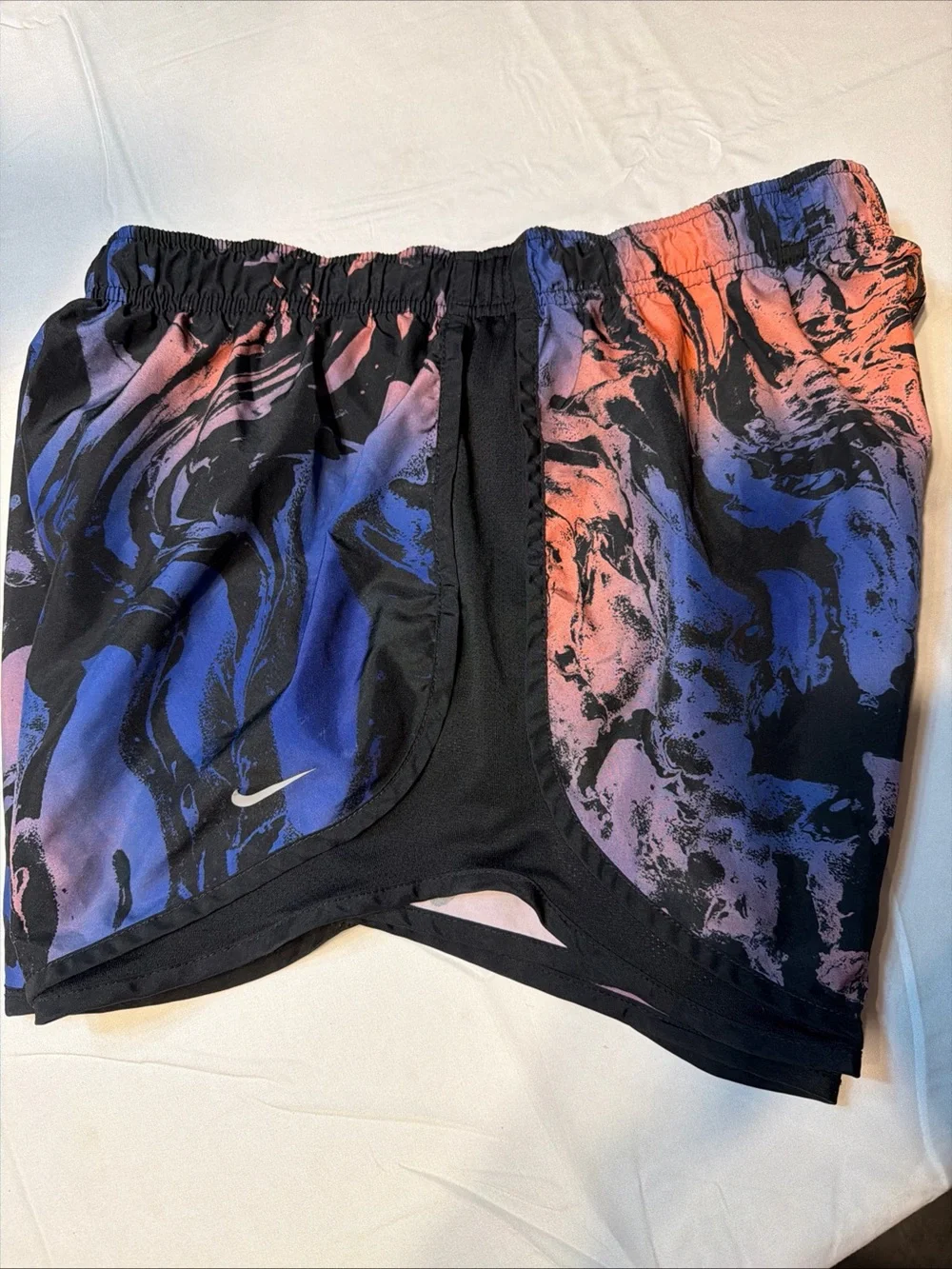 Nike Women's Black Marble-Print Athletic Shorts with Blue and Pink Accents